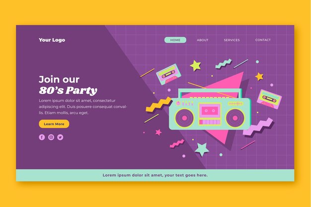 Free vector flat 80's themed party landing page template