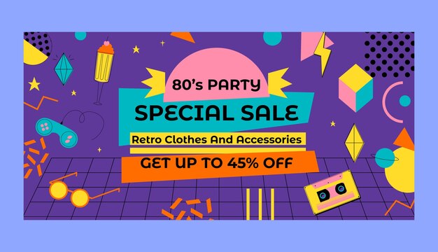 Flat 80's themed party sale banner template