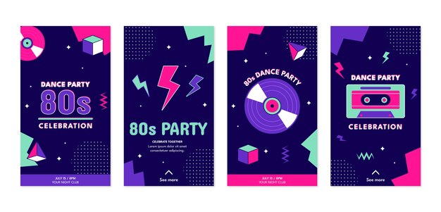 Free vector flat 80s party instagram stories collection