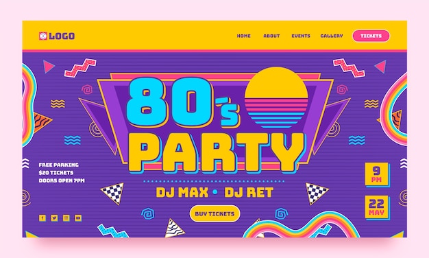 Free vector flat 80s party landing page template