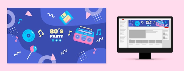 Free vector flat 80s party youtube channel art