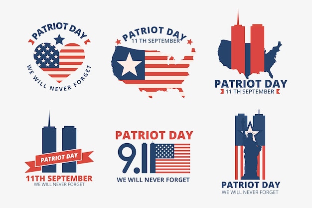 Vettore gratuito collezione di distintivi del giorno del patriota piatto 9.11