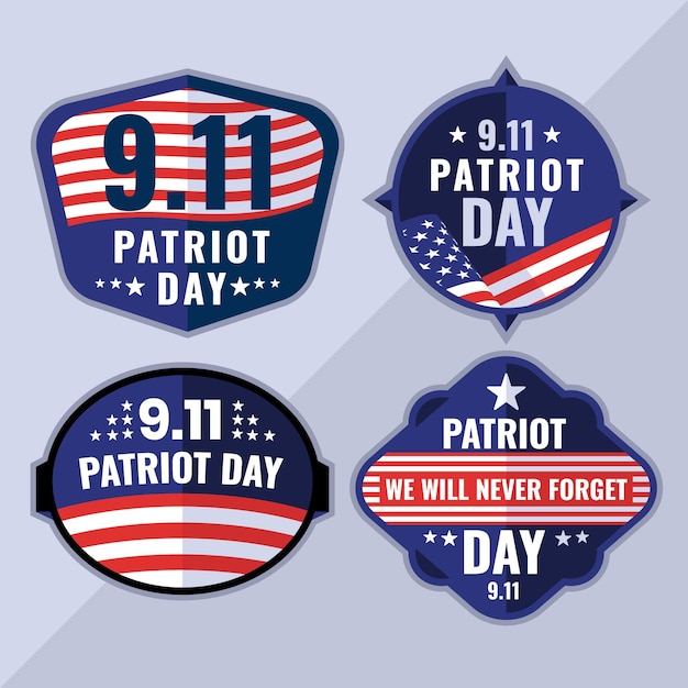Vettore gratuito collezione di distintivi del giorno del patriota piatto 9.11