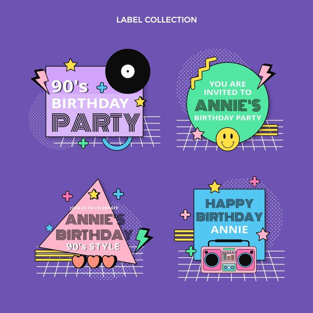 Flat 90s nostalgic birthday label collection