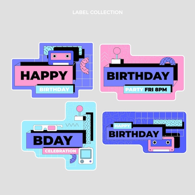 Free vector flat 90s nostalgic birthday labels