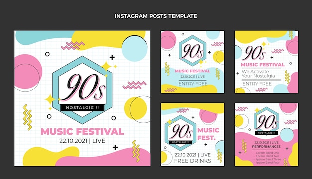 Free vector flat 90s nostalgic music festival instagram post