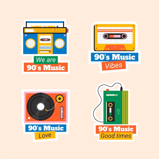 Set di etichette per festival di musica nostalgico piatto anni '90