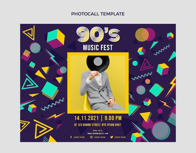 Free vector flat 90s nostalgic music festival photocall template