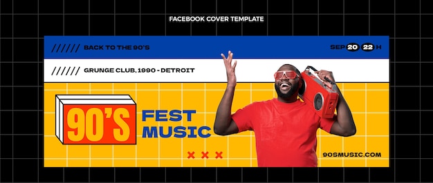 플랫 90 년대 향수 음악 축제 소셜 미디어 표지 템플릿