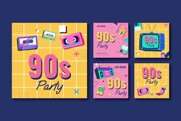 Free vector flat 90s party instagram posts collection