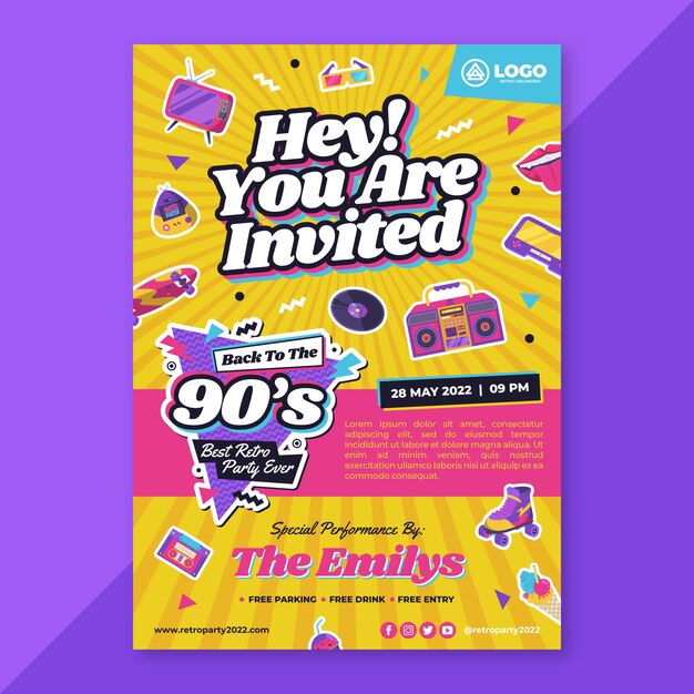 Flat 90s party invitation template