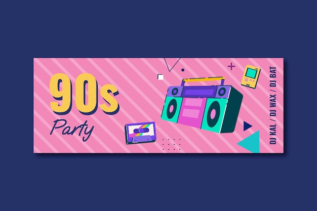 Бесплатное векторное изображение Плоский шаблон обложки для вечеринки 90-х в социальных сетях