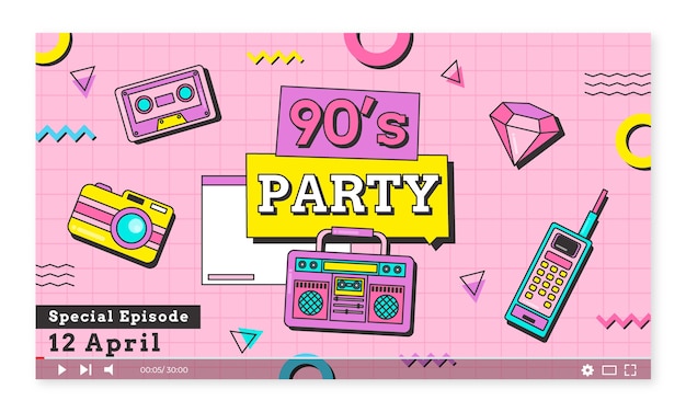 Free vector flat 90s party youtube thumbnail