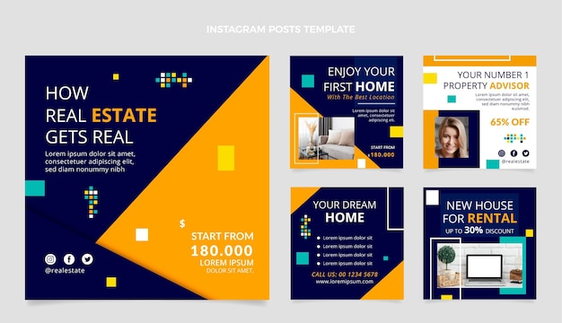 Vettore gratuito collezione di post di instagram immobiliare geometrico astratto piatto