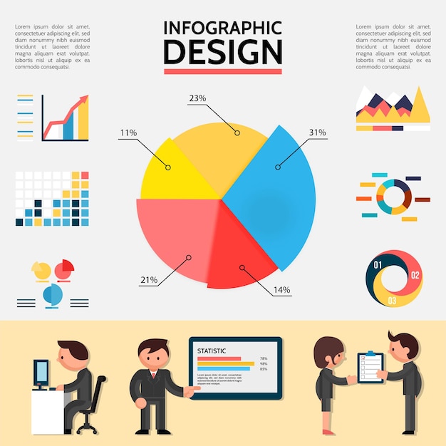 Vettore gratuito piatto astratto infografica con grafici grafici diagrammi e uomini d'affari in diverse situazioni illustrazione