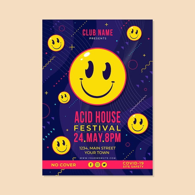 Vettore gratuito modello di poster verticale di emoji acido piatto