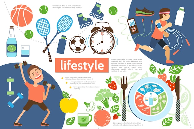 Flat active lifestyle infographic template with athletes sport equipment alarm clock and healthy food illustration