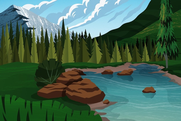 Flat adventure background with river