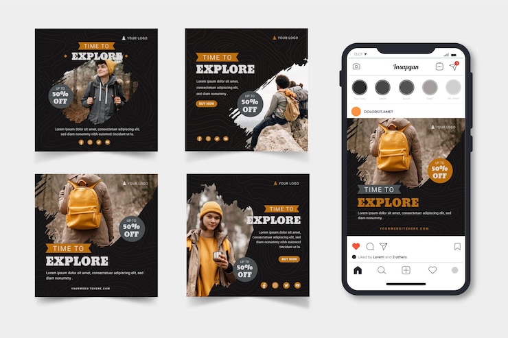 Free Vector flat adventure instagram posts collection with photo