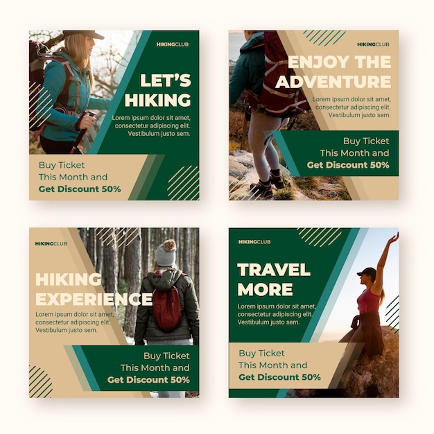 Flat adventure instagram posts collection with photo