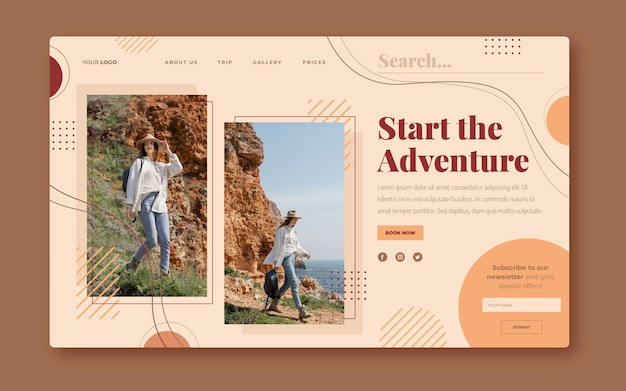 Free vector flat adventure landing page template with photo