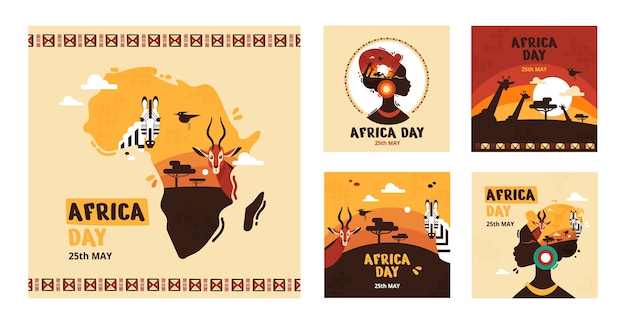 Free vector flat africa day instagram posts collection