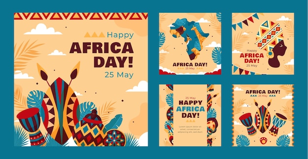 Free vector flat africa day instagram posts collection