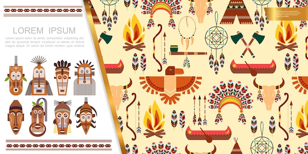 Flat african ethnic elements concept with tribal masks arrows bow feathers headwear bull skull dream catcher boat tomahawks eagle smoking pipe bonfire  illustration