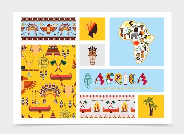 Vettore gratuito composizione di elementi nativi africani piatti con animali africa mappa maschere tribali simboli etnici e tradizionali illustrazione