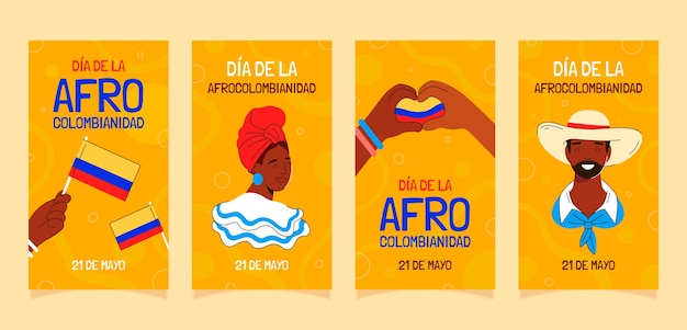Vettore gratuito collezione di storie di instagram afrocolombianidad piatta