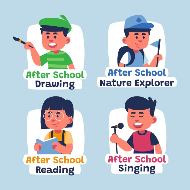 Flat after school activities labels collection