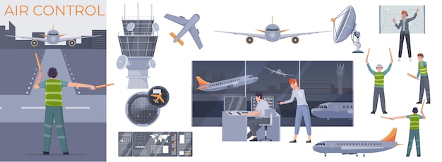 Бесплатное векторное изображение Плоская композиция управления воздушным движением с изолированными самолетами, авиадиспетчерами башни аэропорта и маршалами на векторной иллюстрации работы