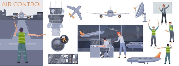 無料ベクター 孤立した飛行機空港タワー航空機管制官と仕事のベクトル図でマーシャラーを設定したフラット航空交通管制構成