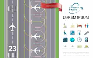 無料ベクター 滑走路空港とテーマアイコンのイラストとフラット空の旅