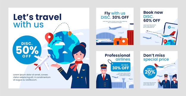 Free vector flat airline service company instagram posts collection