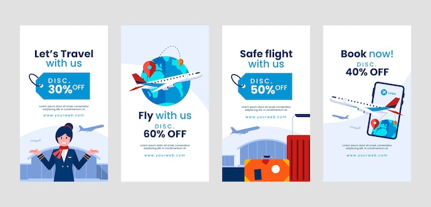 Free vector flat airline service company instagram stories collection