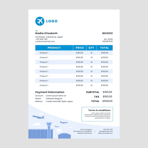 Free vector flat airline service company invoice template