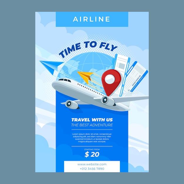 Плоский шаблон вертикального плаката компании по обслуживанию авиакомпаний