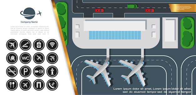 無料ベクター 滑走路と空港のアイコンの図にターミナルビルの飛行機とフラット空港カラフルな上面図