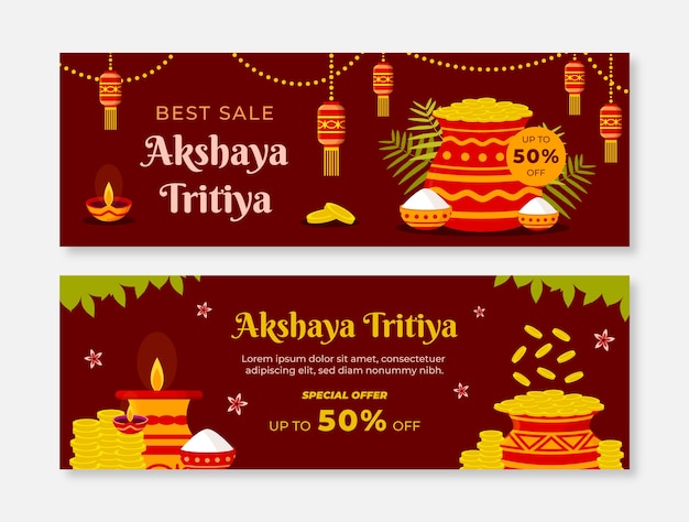 무료 벡터 플랫 akshaya tritiya 판매 가로 배너 팩