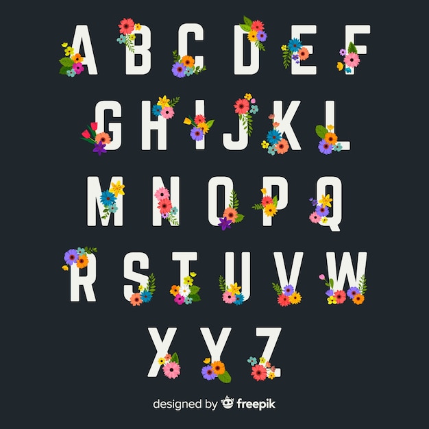 Бесплатное векторное изображение Плоский алфавит с цветами