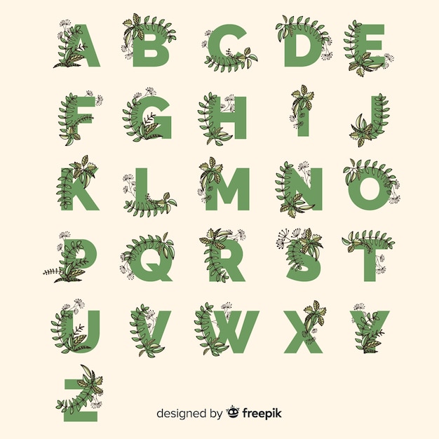 Flat alphabet with hand drawn leaves