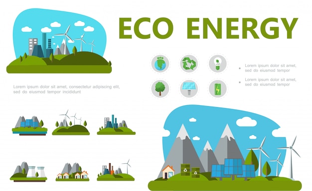 Плоский альтернативный энергетический состав с планетой рециркуляции знак колбы дерево солнечные панели батареи ветряные мельницы эко завод и дома