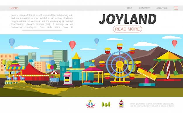 Flat amusement park landing page with ferris wheel castle food cart ticket booth hot air balloons swing tent and different attractions