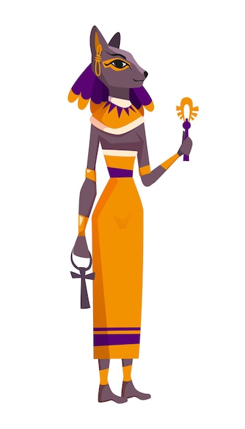 無料ベクター 猫の頭を持つ平らな古代エジプトの女神バステト エジプトの神聖な動物の頭を持つ女性の猫の神