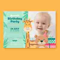 Free vector flat animals birthday invitation template with photo