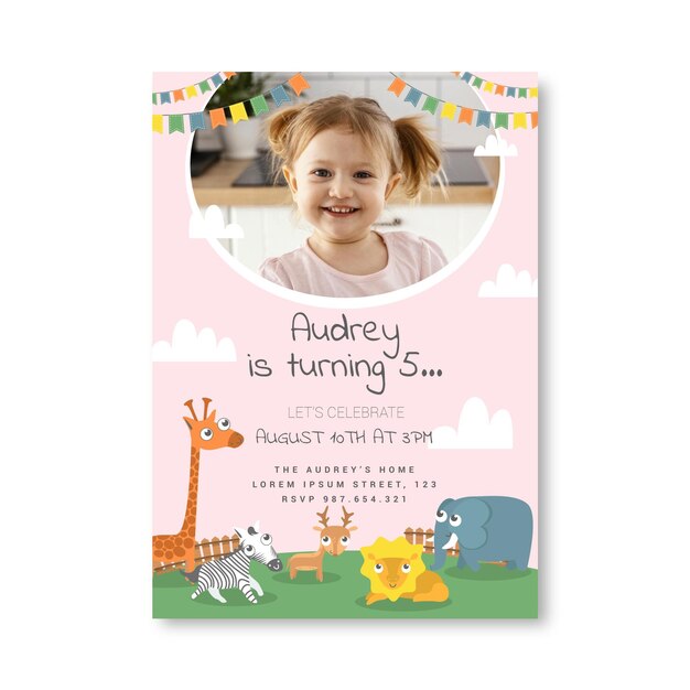 Flat animals birthday invitation template with photo