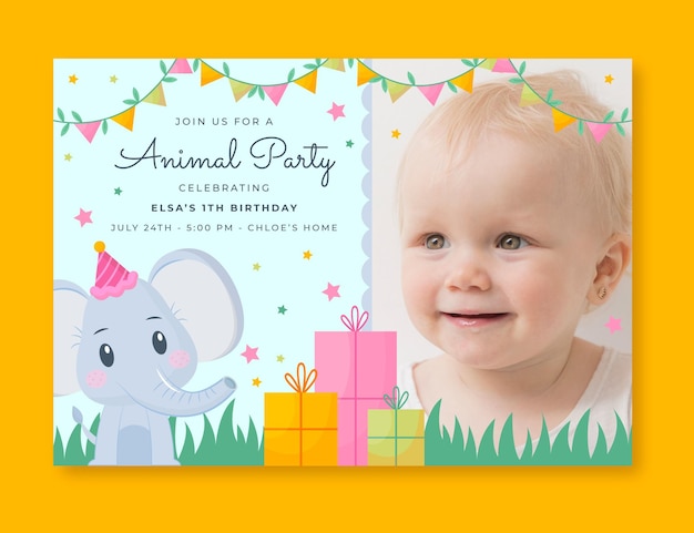 Free vector flat animals birthday invitation template with photo