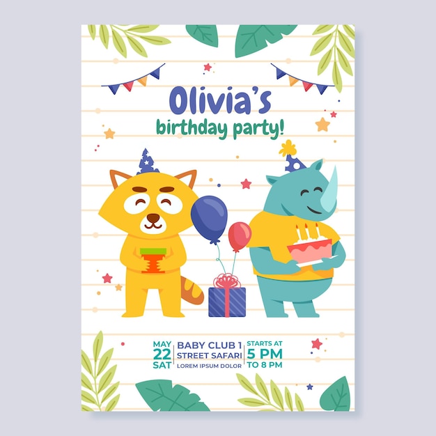 Flat animals birthday invitation template