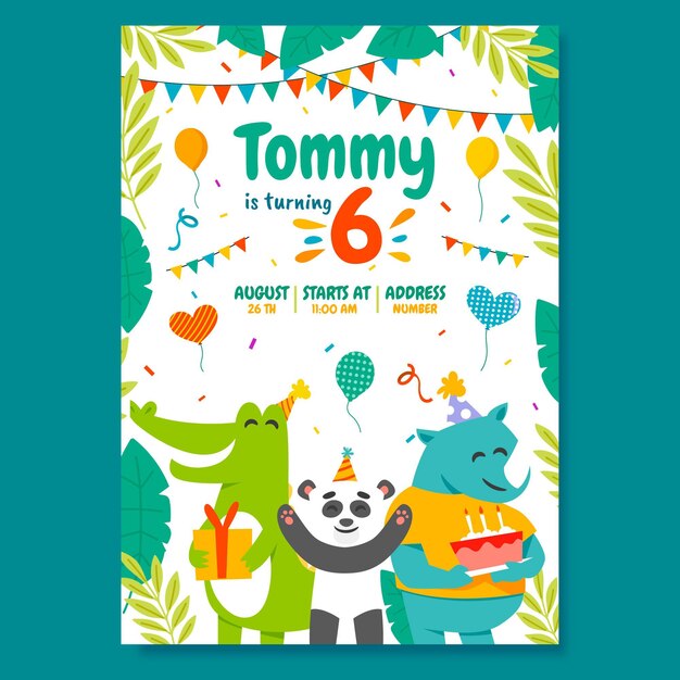 flat animals birthday invitation template